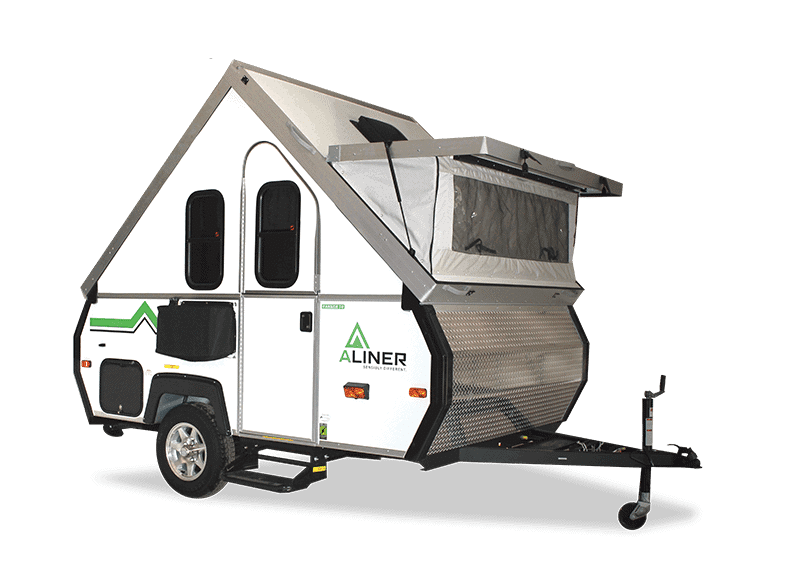 A small camper trailer on a black background.