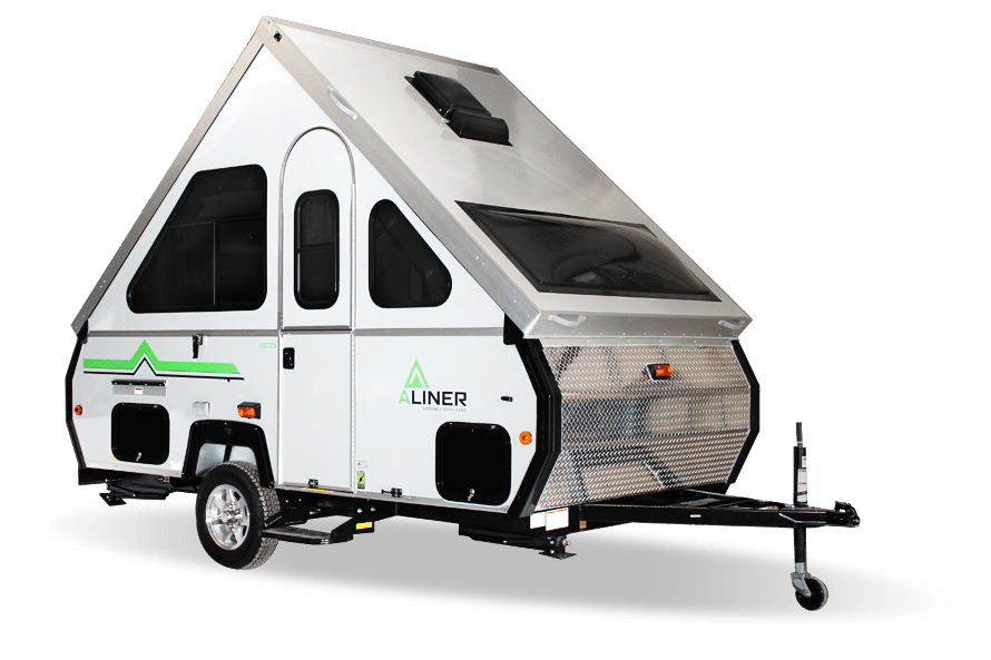 A camper trailer with a green and white design.