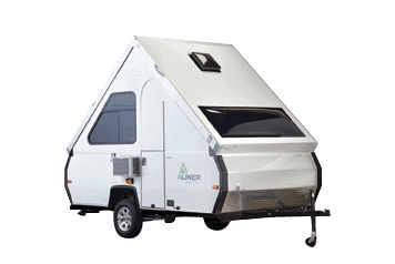 A white camper trailer on wheels.