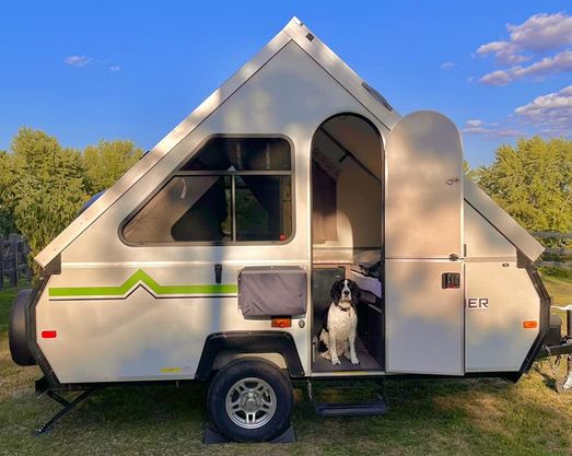 A dog sitting in the doorway of an rv.