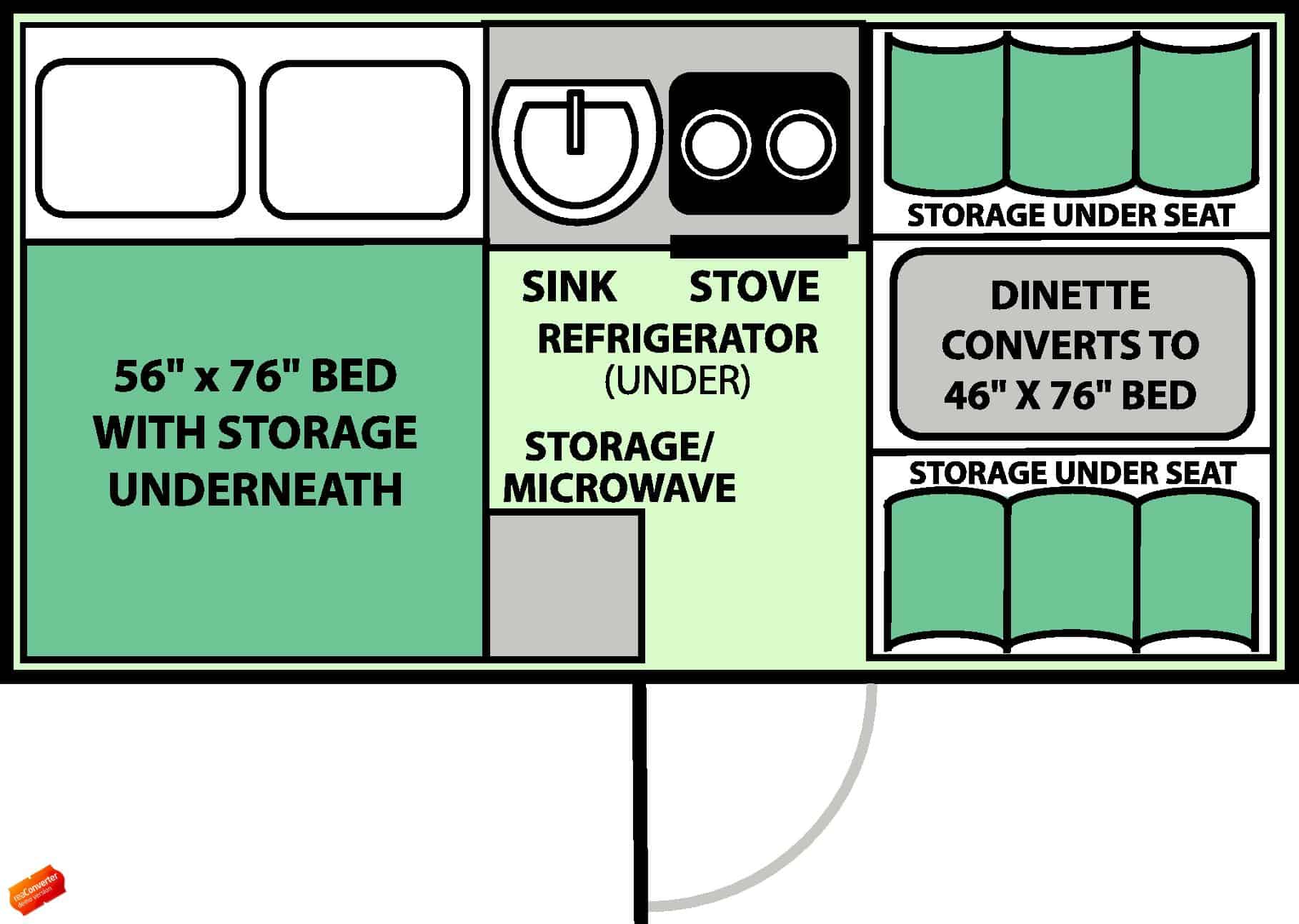 The floor plan of a small rv.