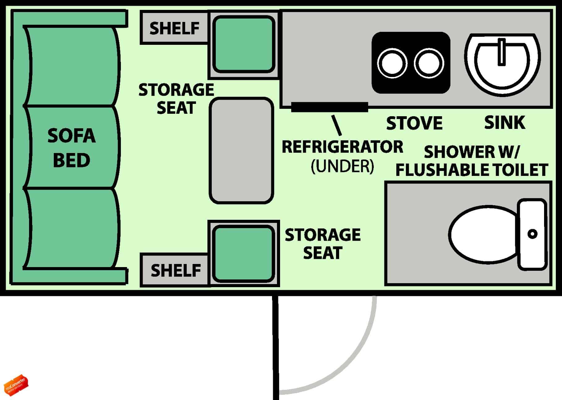 A floor plan of an rv with a kitchen and bathroom.