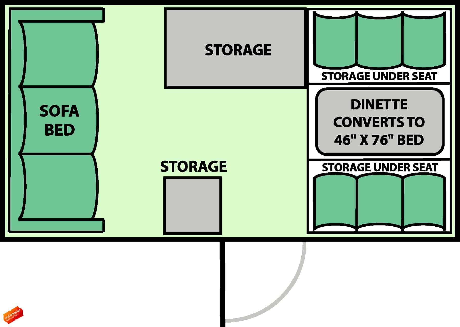 A floor plan of a living room with a bed and a storage area.