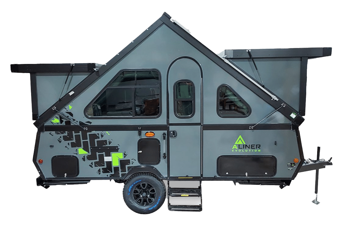 A camper trailer with a black and green design that embodies the essence of evolution.