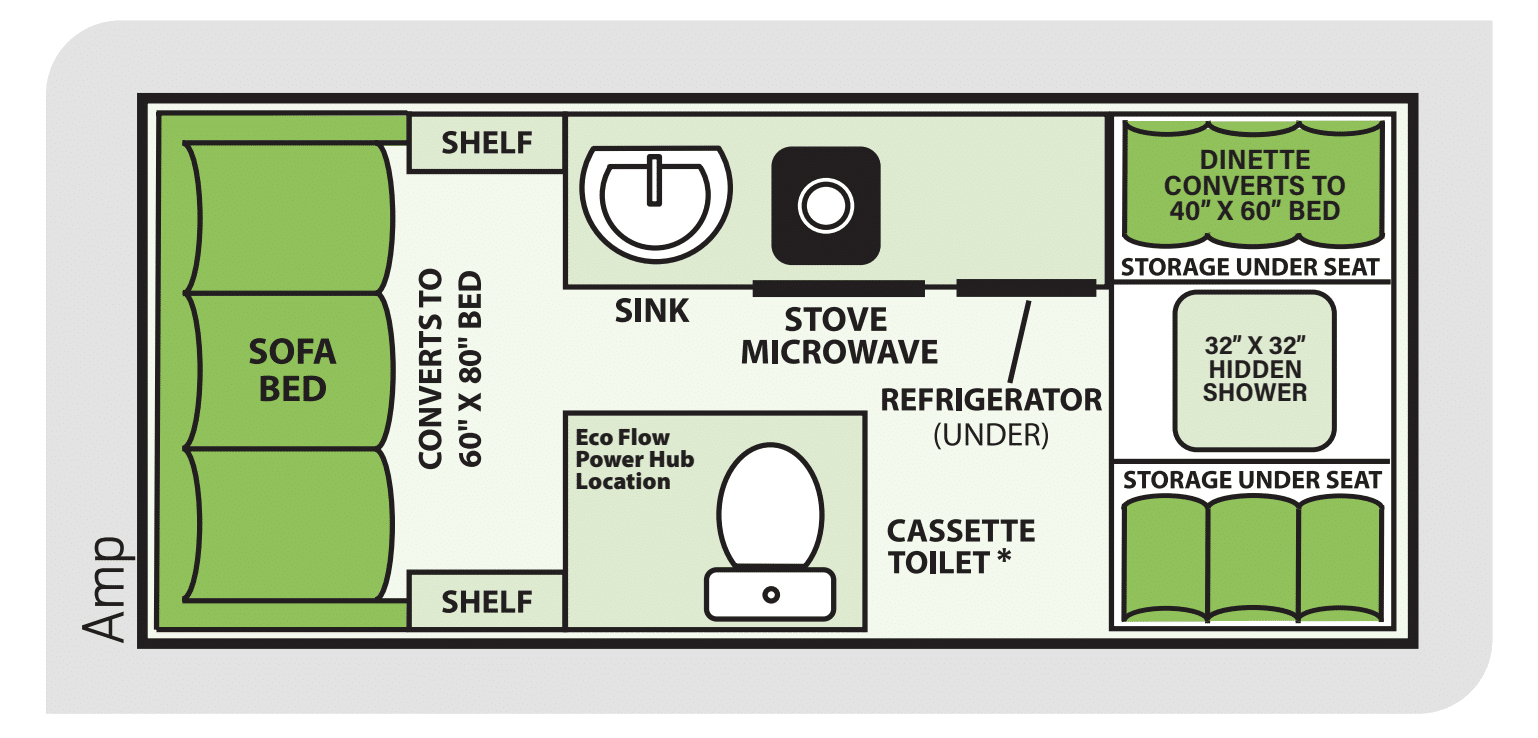A floor plan of a bathroom with a sink, stove and microwave.