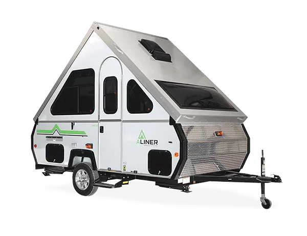 A compact, foldable travel trailer on a wheeled chassis.