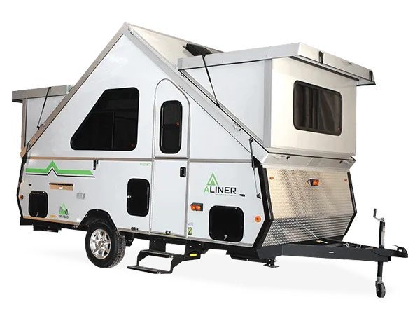 A travel trailer in the expanded position.
