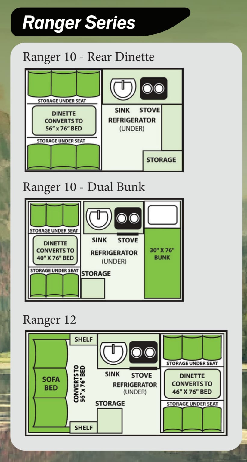 Floor plans for different configurations of a 'ranger - series' recreational vehicle focusing on dining and sleeping areas.
