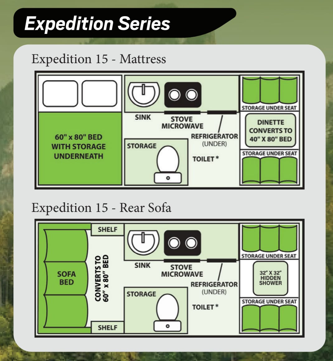 Floor plans for compact living spaces with sleeping, cooking, and bathroom facilities, designed for expeditions.