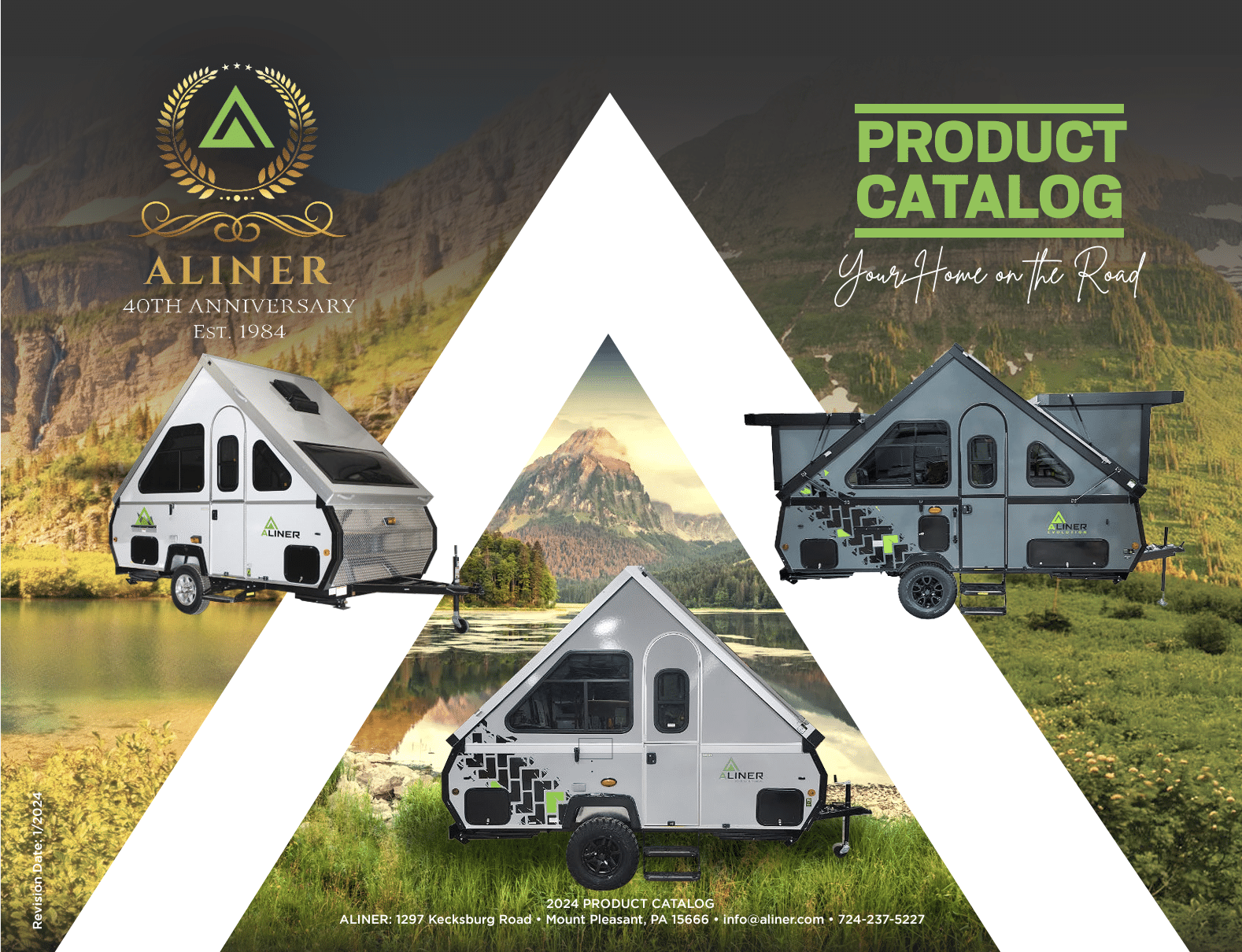 Aliner 40th anniversary product catalog featuring various camper models with a picturesque mountain backdrop.