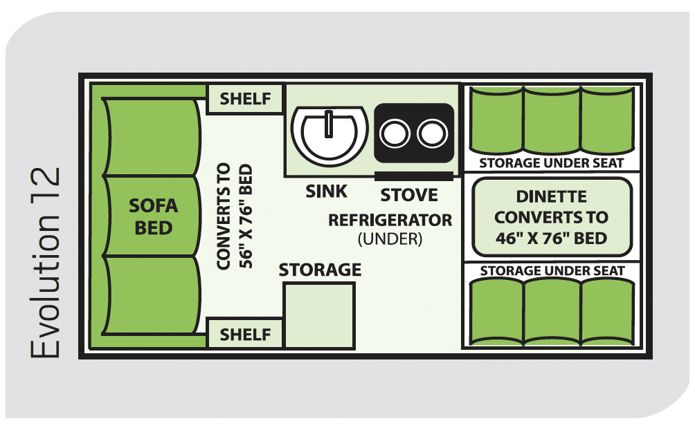 Floor plan of a compact camper with labeled furnishings including a convertible sofa bed, dinette, refrigerator, and storage areas.