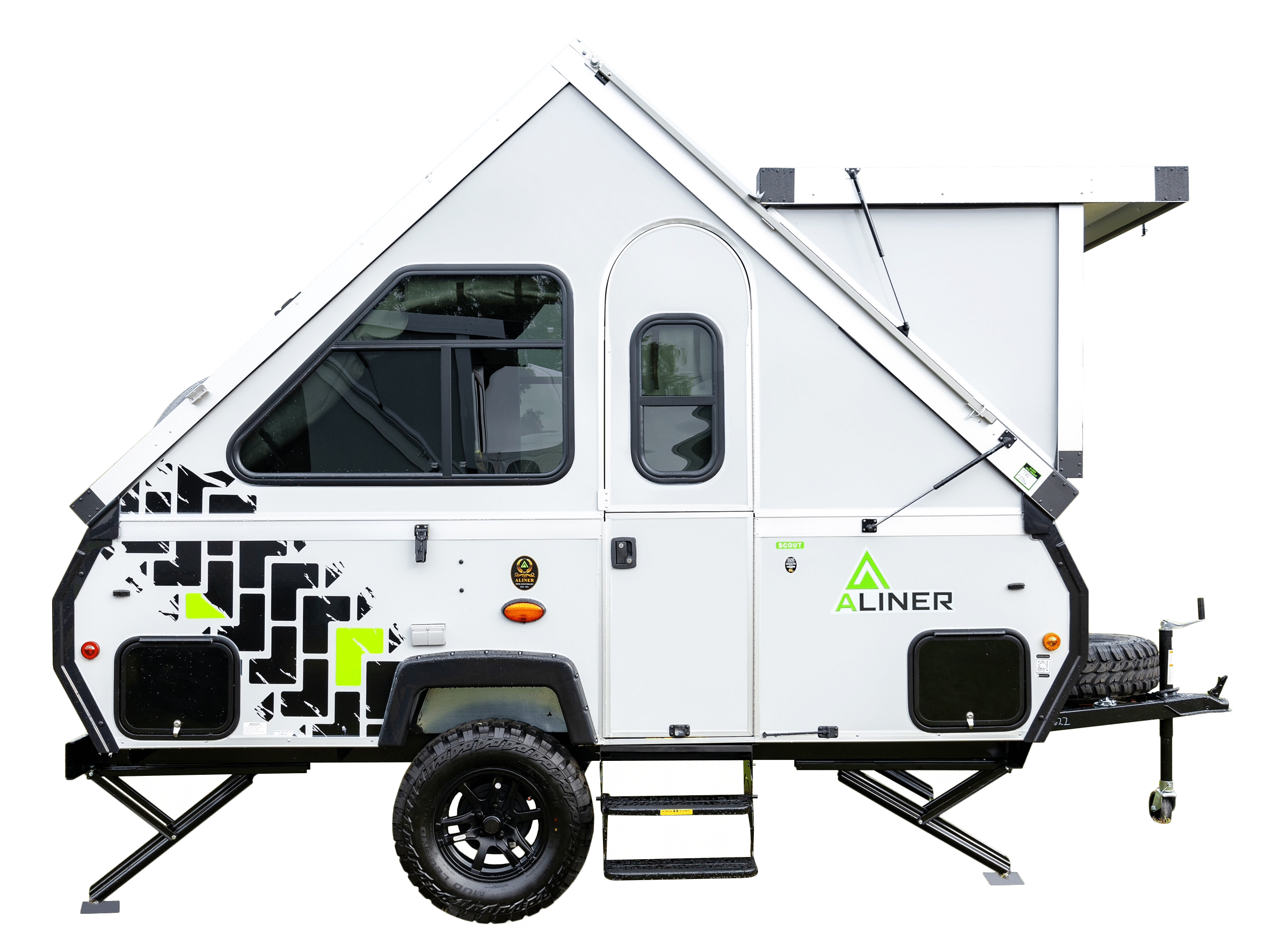 A small camper trailer on a gray background.